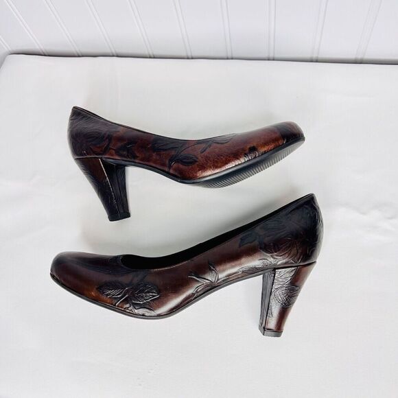 Cuoieria Fiorentina Italy Tuscan Sz 8.5 Heels Chocolate Brown Leather Floral - Picture 3 of 11